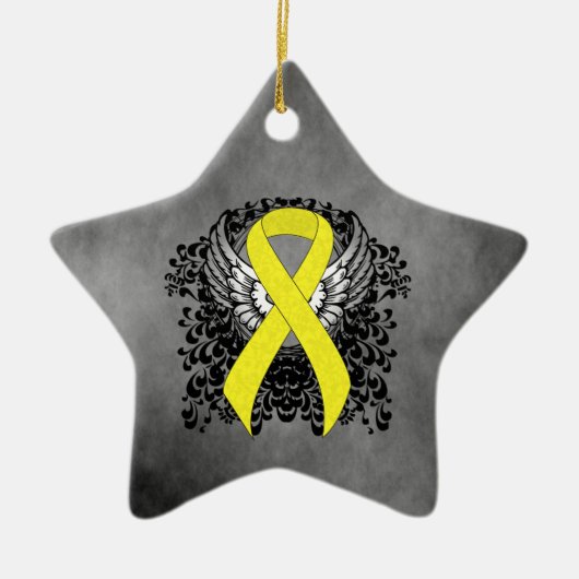 Geel bewustzijn Ribbon met Wings Keramisch Ornament (Voorkant)