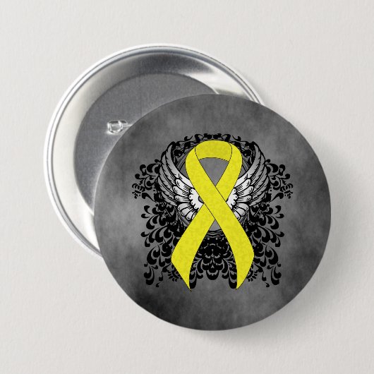 Geel bewustzijn Ribbon met Wings Ronde Button 7,6 Cm (Voorkant /achterkant)