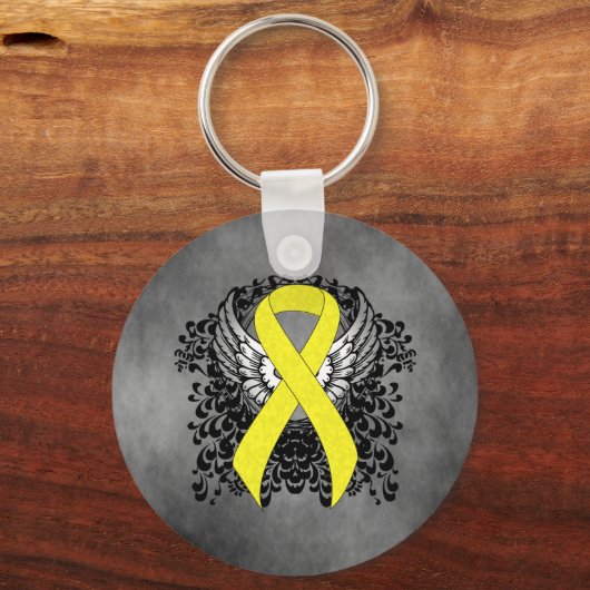 Geel bewustzijn Ribbon met Wings Sleutelhanger (Voorkant)