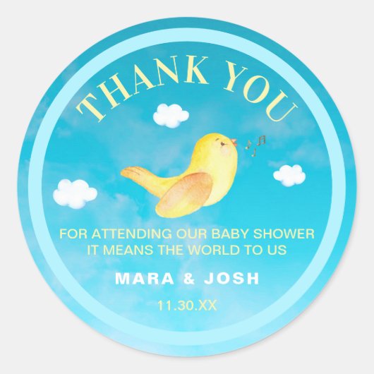 ** Geel Birdie Blue Sky Baby shower Dank u Ronde Sticker (Voorkant)