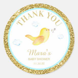*~* Geel Birdie Glitter Baby shower Dank u wel Ronde Sticker