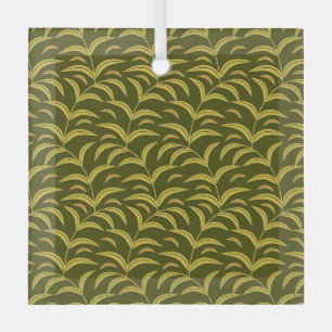 Geel Blad Motief Patroon op Donkergroene Achtergro Glas Ornament