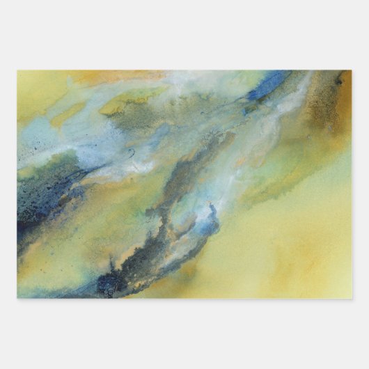 Geel Blauw Abstract Marmeren Patroon Inpakpapier Vel (Voorkant 3)