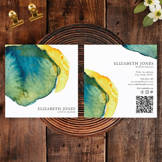 Geel Blauw Abstract Waterverf Interieur Designer Vierkante Visitekaartje