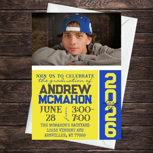 Geel & Blauw Afstuderen Fotouitnodiging Kaart