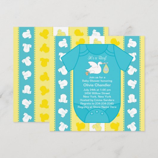 Geel Blauw Baby Boy Douche Uitnodigingen (Voorkant / Achterkant)