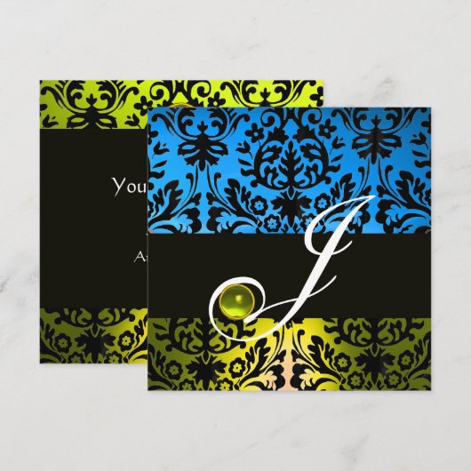 GEEL BLAUW BLACK DAMASK MONOGRAM Topaz Kaart (Voorkant / Achterkant)