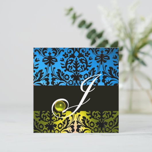 GEEL BLAUW BLACK DAMASK MONOGRAM Topaz Kaart (Staand voorkant)