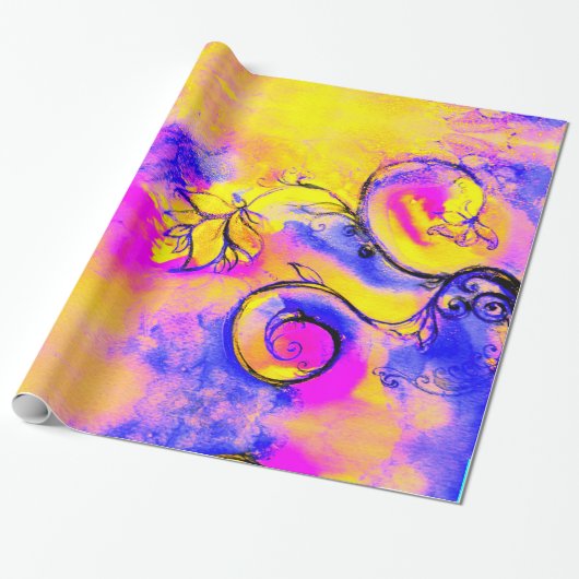 GEEL BLAUW BLAUW PINK WHIMSICAL FLOWERS Fantasy Fl Cadeaupapier (Uitgerold)