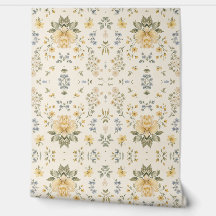 Geel Blauw Bloem Behang - Botanisch Patroon