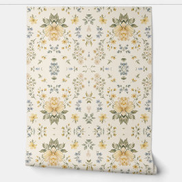 Geel Blauw Bloem Behang - Botanisch Patroon