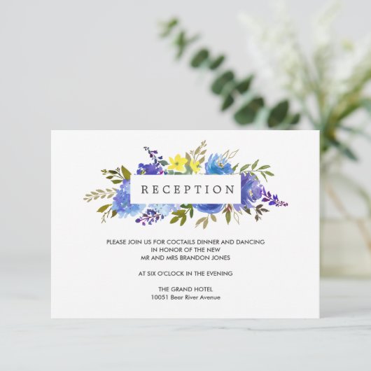 Geel Blauw Bloem BRUILOFT Receptie Enclosure Informatiekaartje (Staand voorkant)