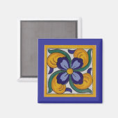 Geel Blauw Bloem Spaans Tegel Magneet (Voorkant / Achterkant)