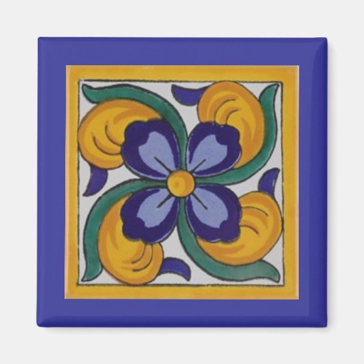 Geel Blauw Bloem Spaans Tegel Magneet (Voorkant)