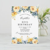 Geel Blauw Bloemen 60ste 70ste 80ste Verjaardag Kaart (Staand voorkant)