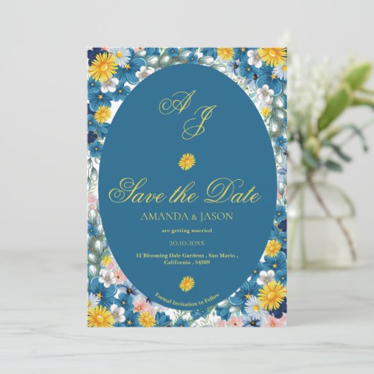 Geel Blauw Bloemen Monogram Huwelijk Save the Date (Staand voorkant)