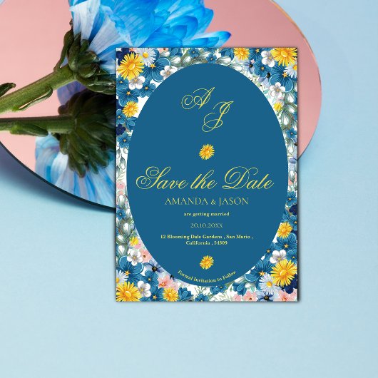 Geel Blauw Bloemen Monogram Huwelijk Save the Date
