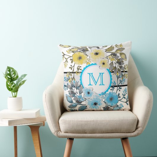 Geel Blauw Bloemen Monogram Kussen (Stoel)