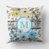 Geel Blauw Bloemen  Monogram Kussen (Achterkant)