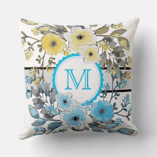 Geel Blauw Bloemen  Monogram Kussen (Achterkant)