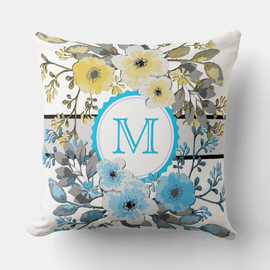 Geel Blauw Bloemen  Monogram Kussen (Voorkant)