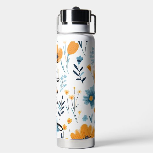 Geel Blauw  Bloemen Naam toevoegen Waterfles (Achterkant)