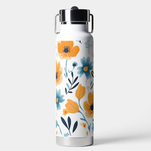 Geel Blauw  Bloemen Naam toevoegen Waterfles (Voorkant)