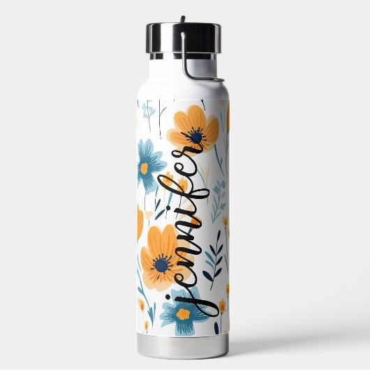 Geel Blauw  Bloemen Naam toevoegen Waterfles (Links)
