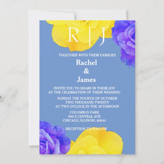 Geel Blauw Bloemen Roos Elegante bruiloft Kaart (Voorkant)