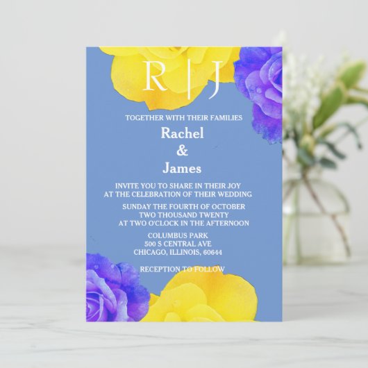 Geel Blauw Bloemen Roos Elegante bruiloft Kaart (Staand voorkant)