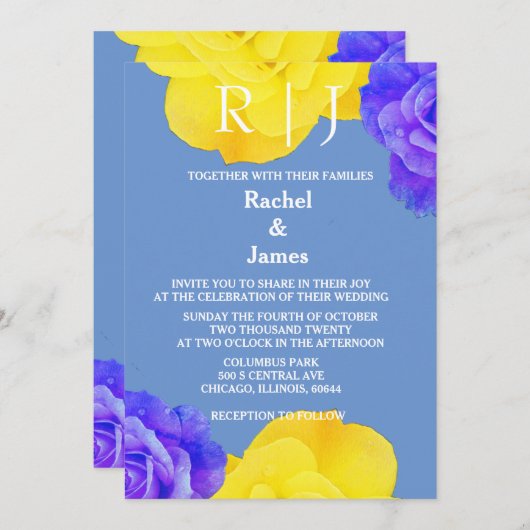 Geel Blauw Bloemen Roos Elegante bruiloft Kaart (Voorkant / Achterkant)
