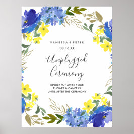 Geel Blauw Bloemen Unplugged Trouwceremonie Teken Poster