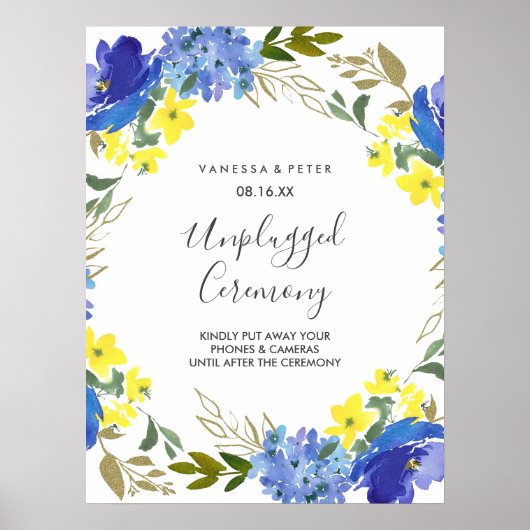 Geel Blauw Bloemen Unplugged Trouwceremonie Teken Poster (Voorkant)