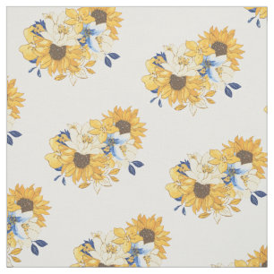 Geel Blauw Bloemen Zonnebloemen Bladeren Patroon Stof