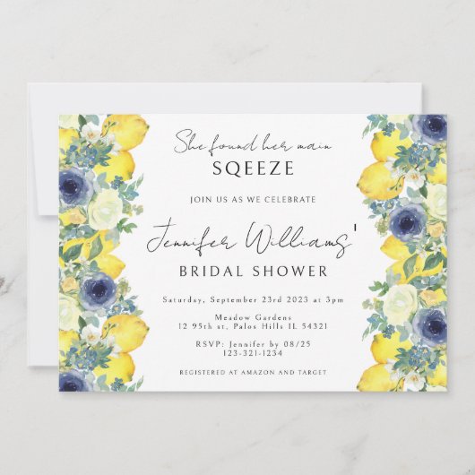 Geel blauw bloemencitroen Bruidsdouche Uitnodiging (Voorkant)