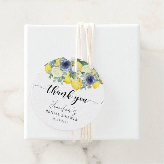 Geel blauw bloemig citroen bruiloftsdankjewel bedankjes labels (In situ)