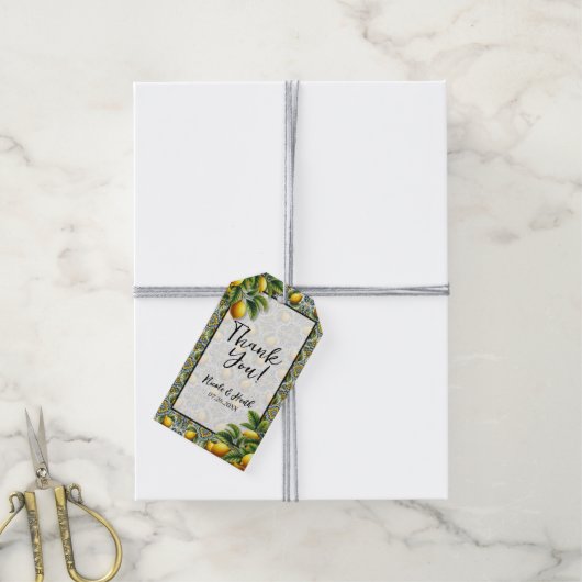 Geel Blauw Capri Lemon Mediterraan Tegel Huwelijk Cadeaulabel (Met Touw)