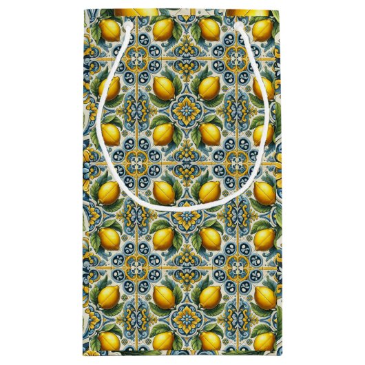 Geel Blauw Capri Lemon Mediterraan Tegel Huwelijk Klein Cadeauzakje (Achterkant)