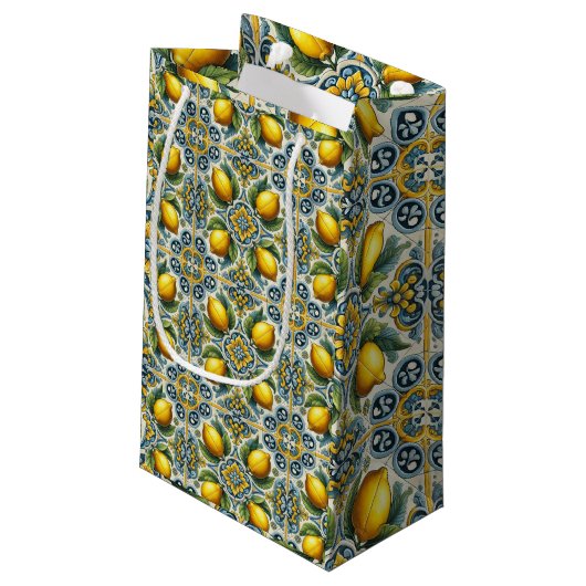 Geel Blauw Capri Lemon Mediterraan Tegel Huwelijk Klein Cadeauzakje (Achterkant Gekanteld)