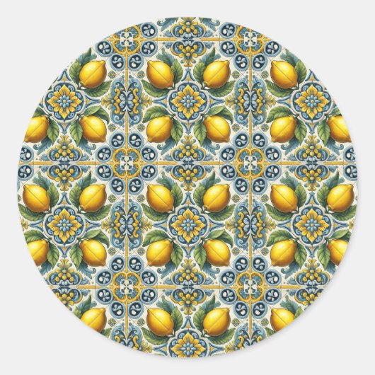 Geel Blauw Capri Lemon Mediterraan Tegel Huwelijk Ronde Sticker (Voorkant)