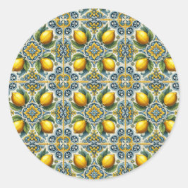Geel Blauw Capri Lemon Mediterraan Tegel Huwelijk Ronde Sticker