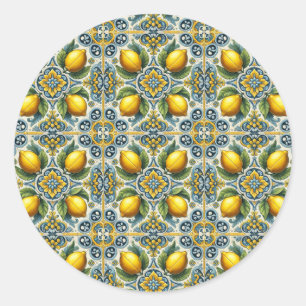 Geel Blauw Capri Lemon Mediterraan Tegel Huwelijk Ronde Sticker