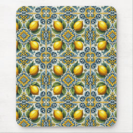 Geel Blauw Capri Lemon Mediterraan Tegel Patroon Muismat