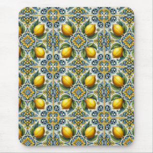 Geel Blauw Capri Lemon Mediterraan Tegel Patroon Muismat