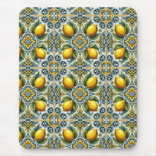 Geel Blauw Capri Lemon Mediterraan Tegel Patroon Muismat (Voorkant)