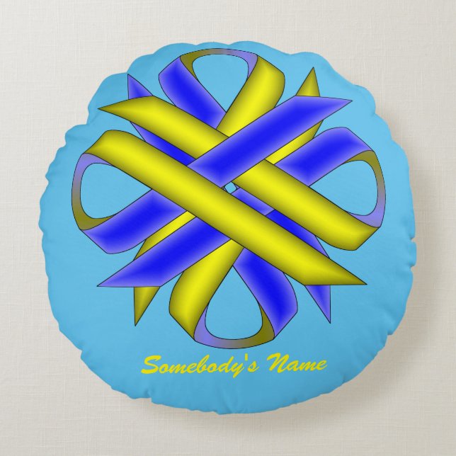 Geel-blauw Clover-lint door Kenneth Yoncich Rond Kussen (Voorkant)