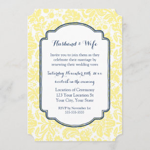 Geel blauw Damask Vintage Vow Renewal Uitnodiging