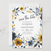Geel Blauw Elegant Wildflower Bruiloft Save The Date (Voorkant)