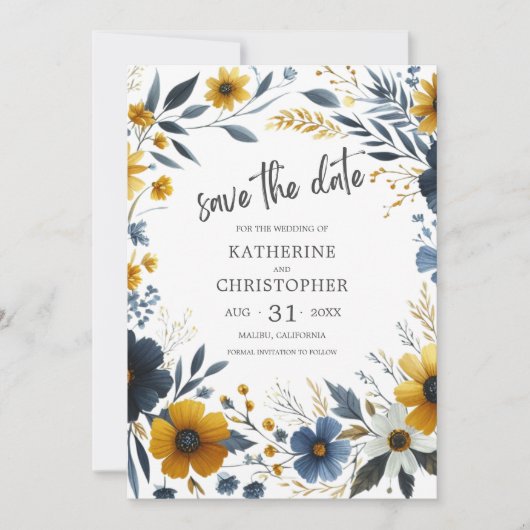 Geel Blauw Elegant Wildflower Bruiloft Save The Date (Voorkant)