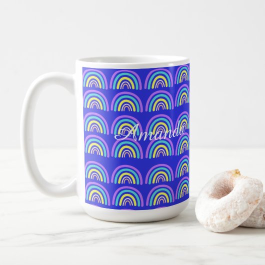 Geel, blauw en Paarse regenboog Koffiemok (Met donut)